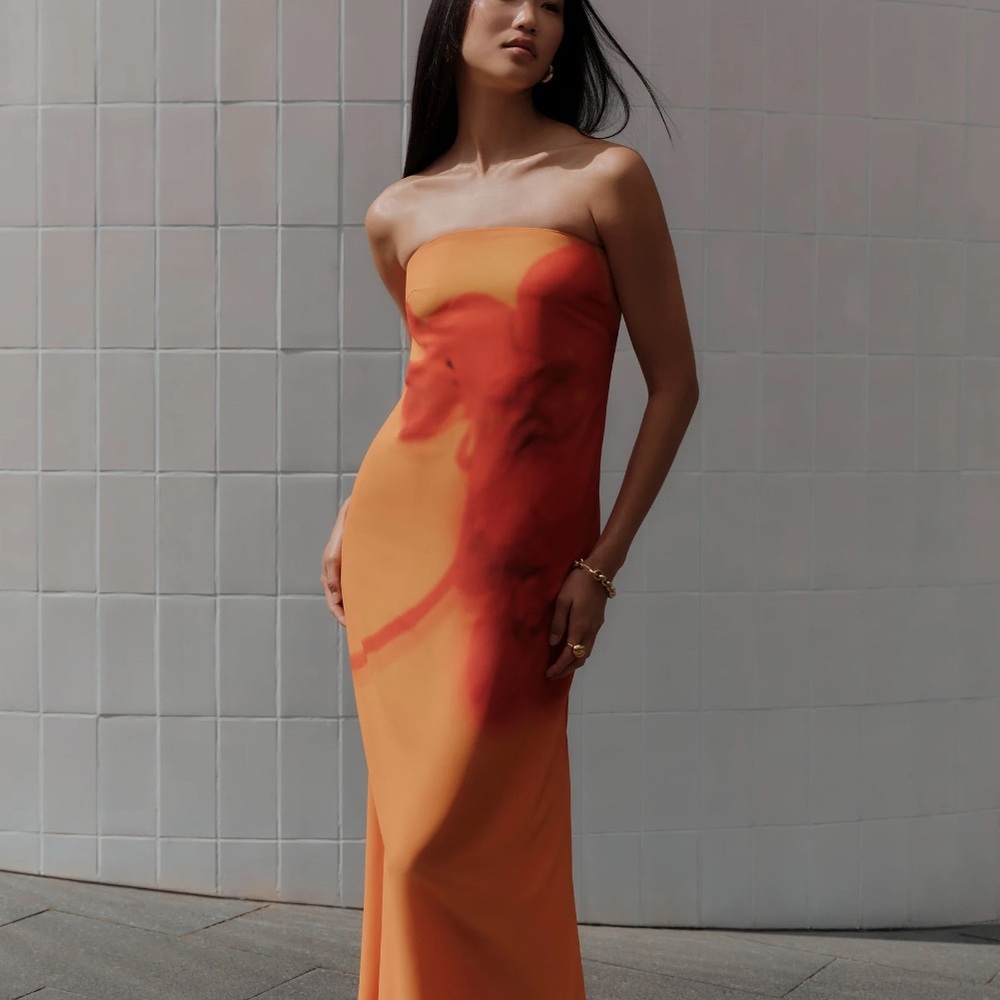 Meshki Orange with Red Abstract Strapless Column Dress